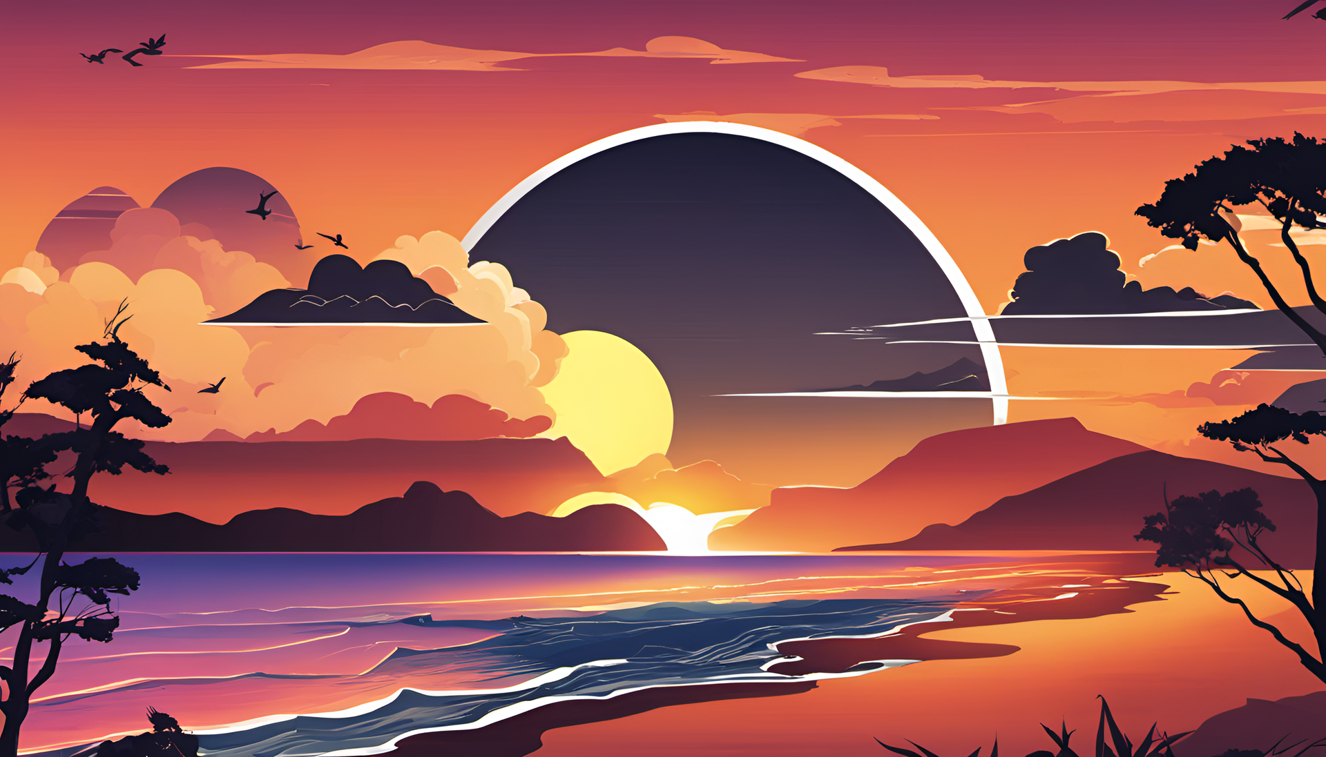 Vibrant sunset landscape with colorful skies and silhouetted landscapes.