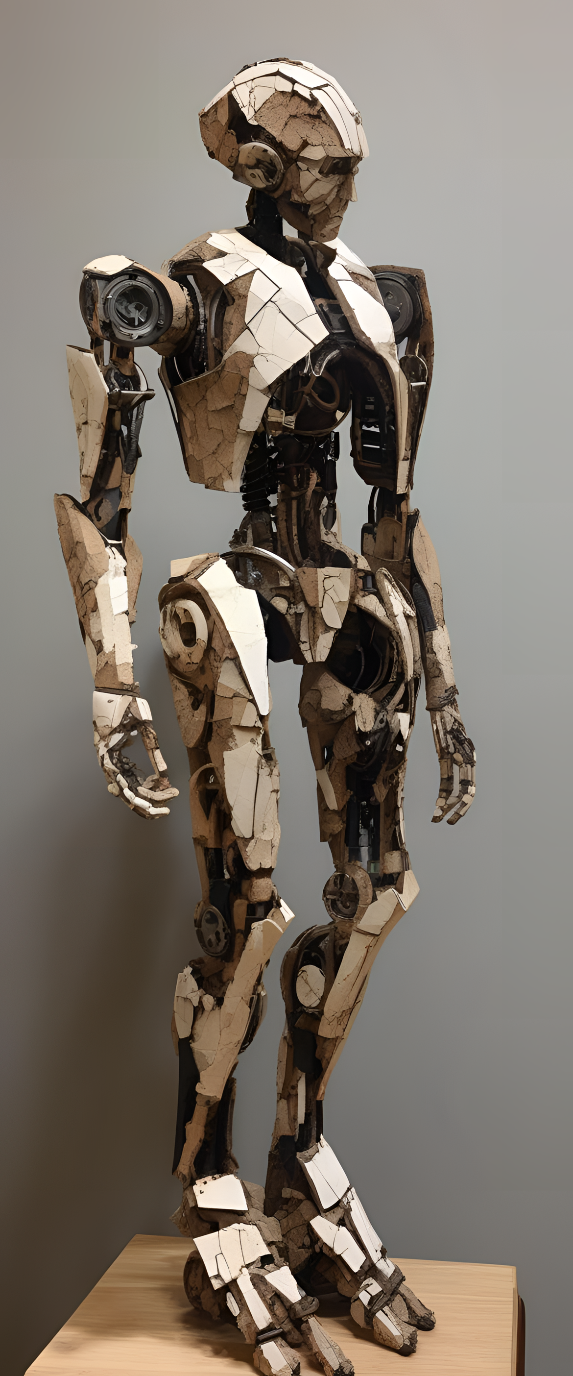 Cracked robotic sculpture with textured, deconstructive design.