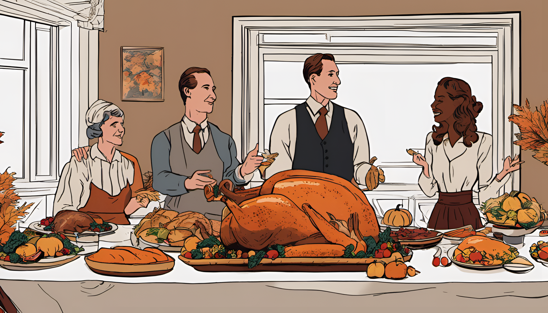 Rotoscope-style Thanksgiving illustration with autumn motifs and a festive table setting.