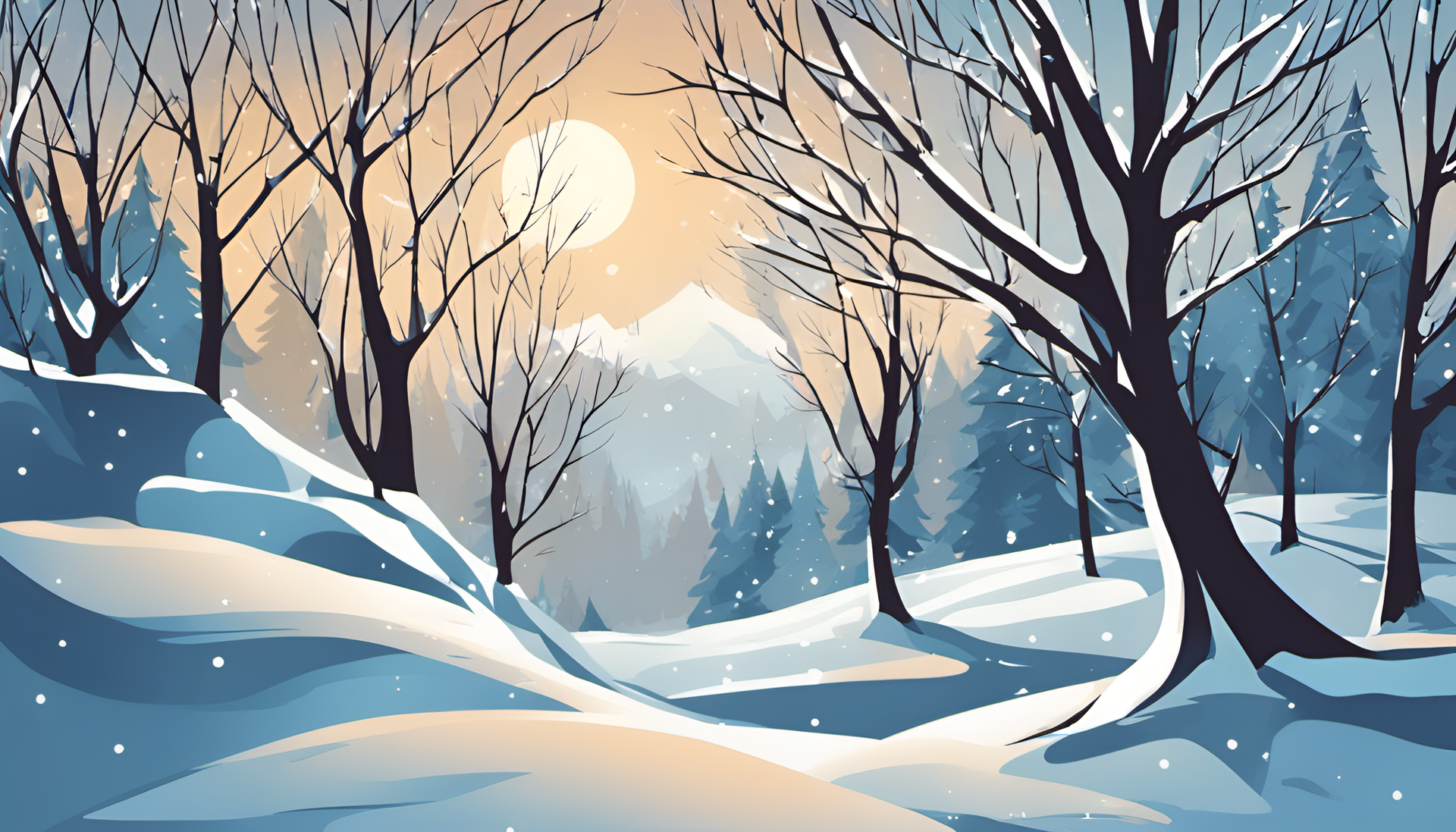 Stylized winter landscape with snow-covered trees.