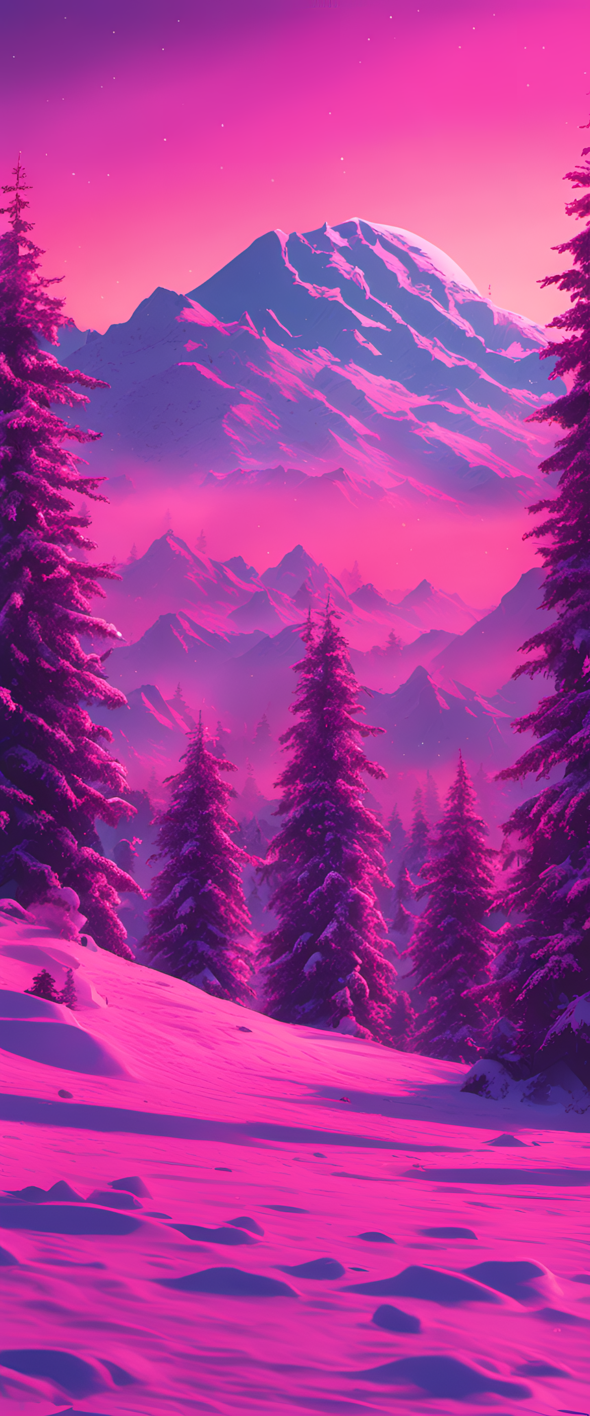 Psychedelic winter landscape with vibrant colors and retro vibes.