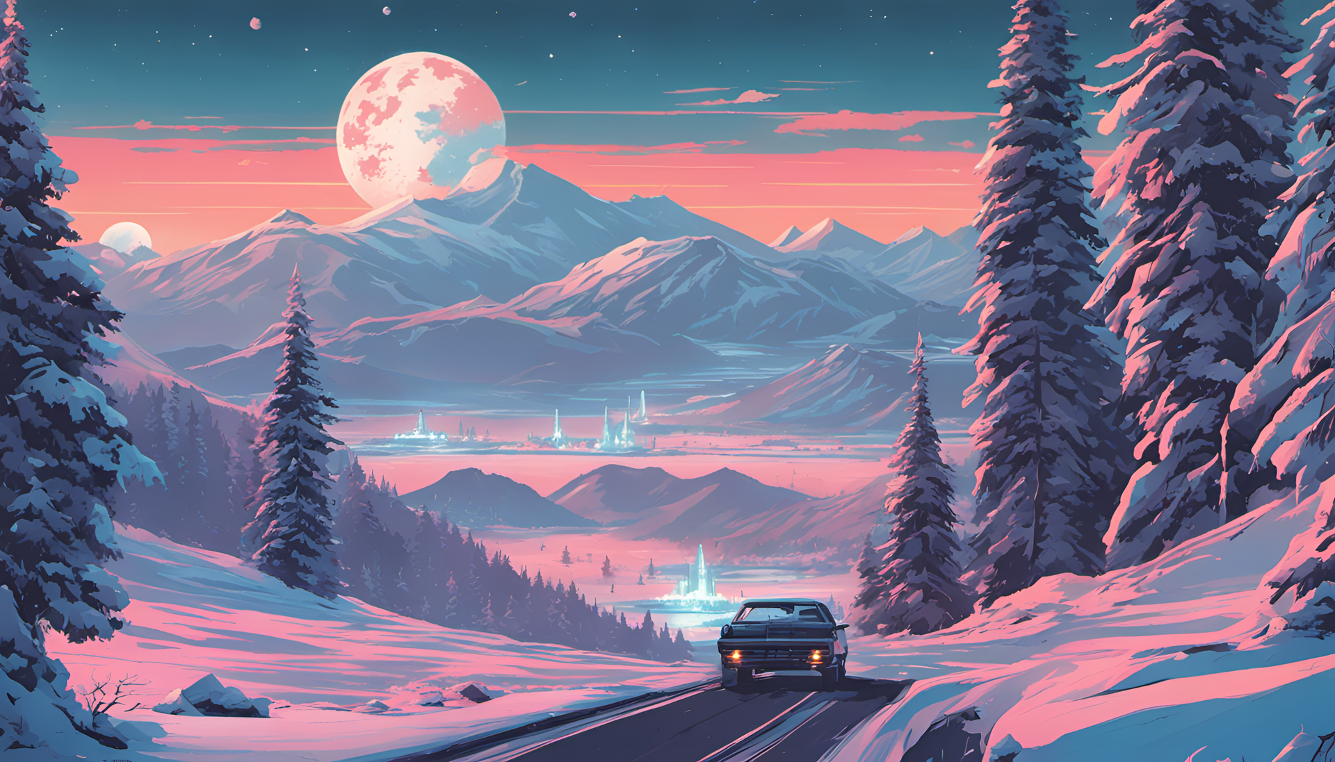 Winter landscape with vibrant colors, reminiscent of 80's sci-fi art.