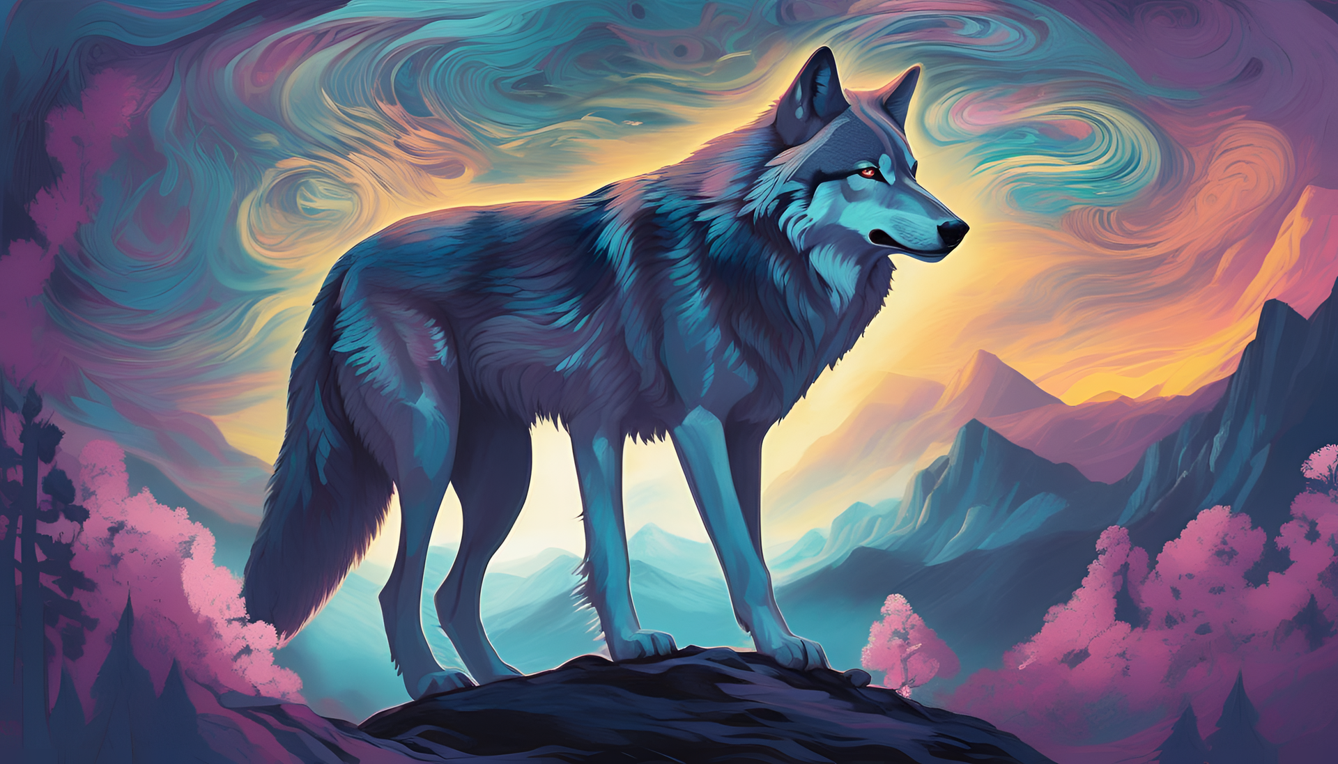 Transcendental wolf standing proudly in a forest