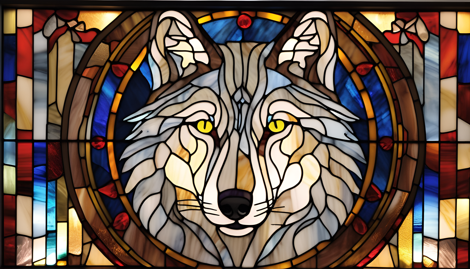 Stunning stained glass depiction of a majestic wolf.