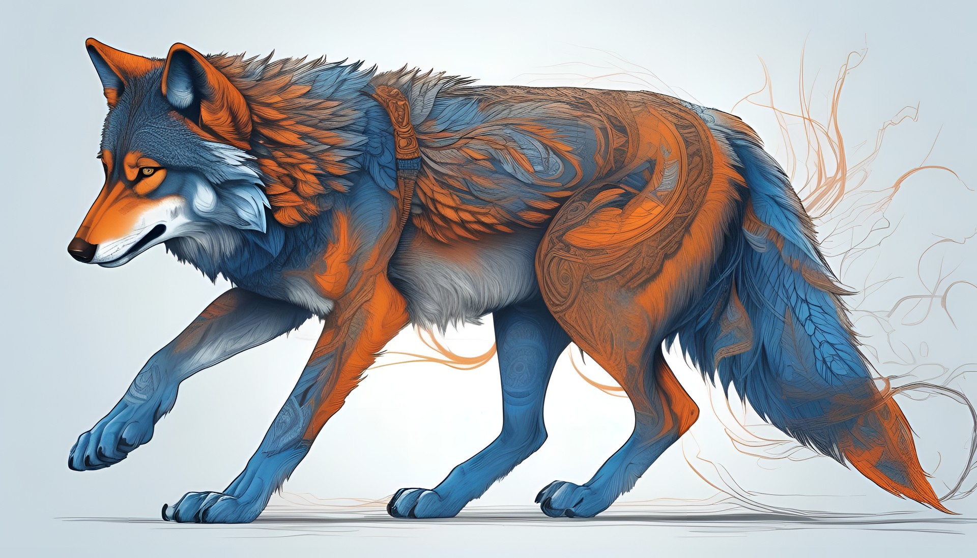 Sleek wolf with vivid blue and orange hues, displaying intricate details.