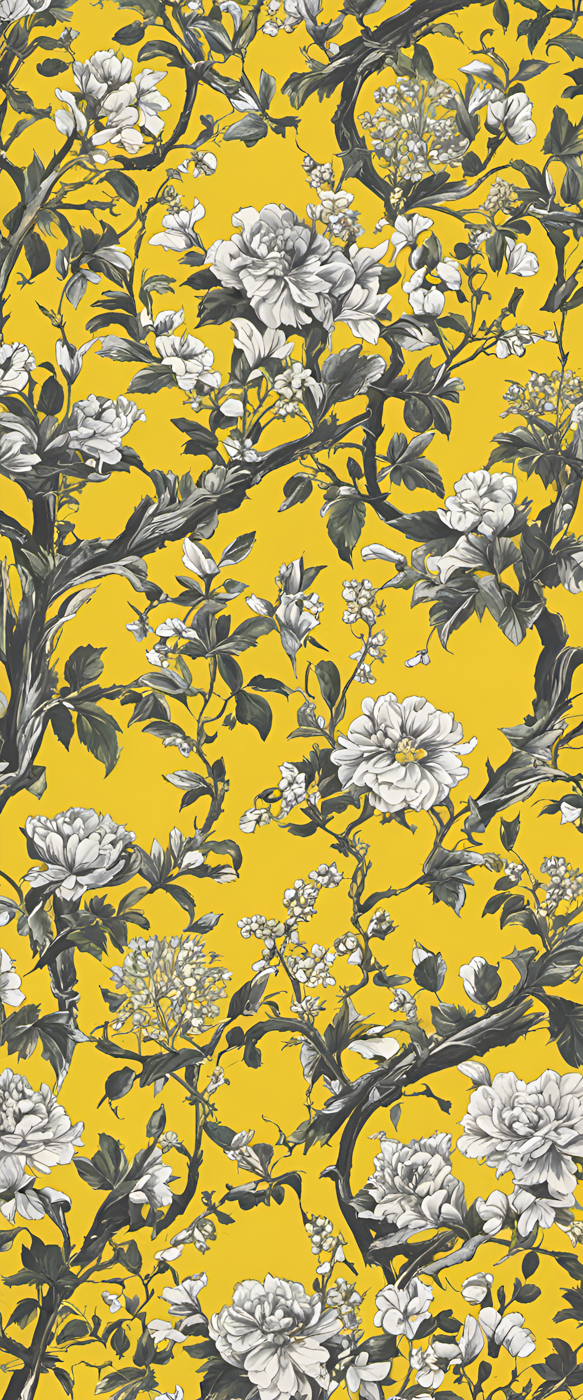 Vibrant yellow wallpaper with intricate patterns