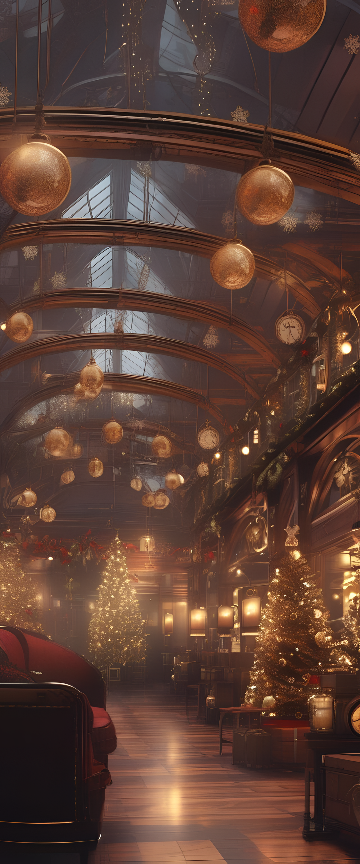 Steampunk-inspired holiday design with gears, clockwork elements, and a festive color scheme.