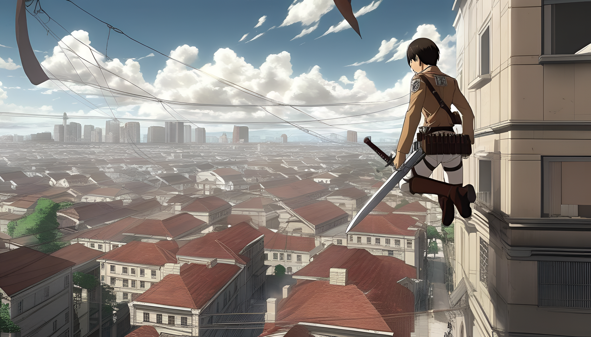 A dramatic scene of Attack on Titan with characters in action.