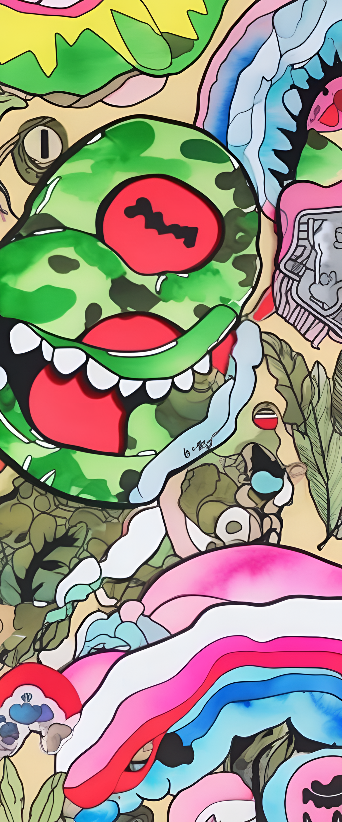 Bape-inspired watercolor artwork with ink pen outlines in a phone wallpaper design.