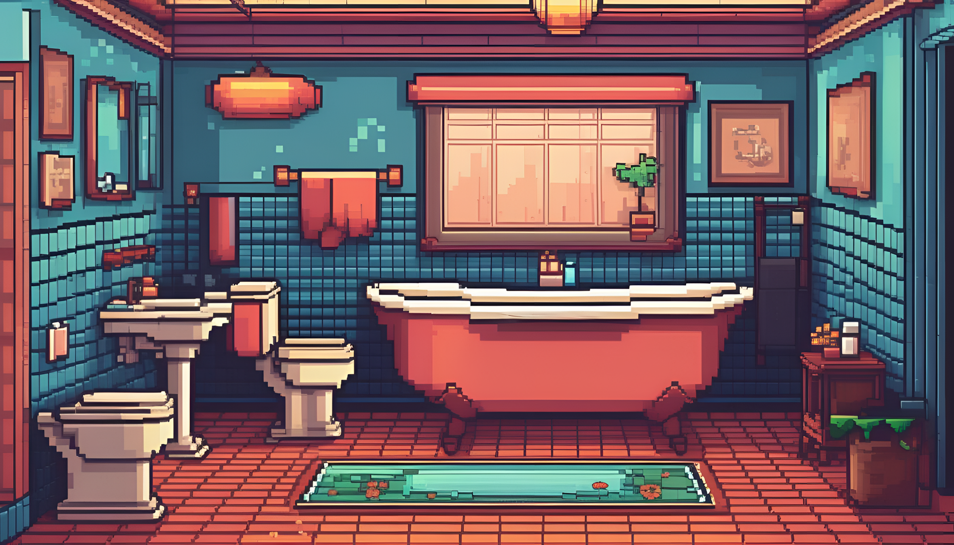 Pixel art bathroom wallpaper with retro-inspired design