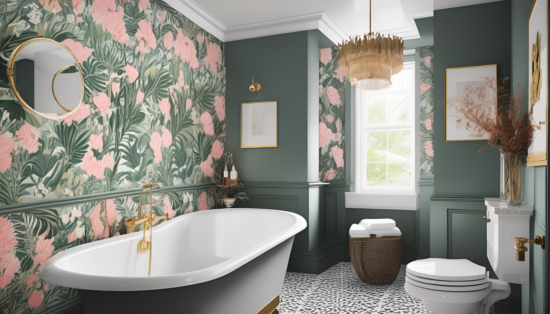 Vibrant bathroom wallpaper displaying elegant patterns and colors.