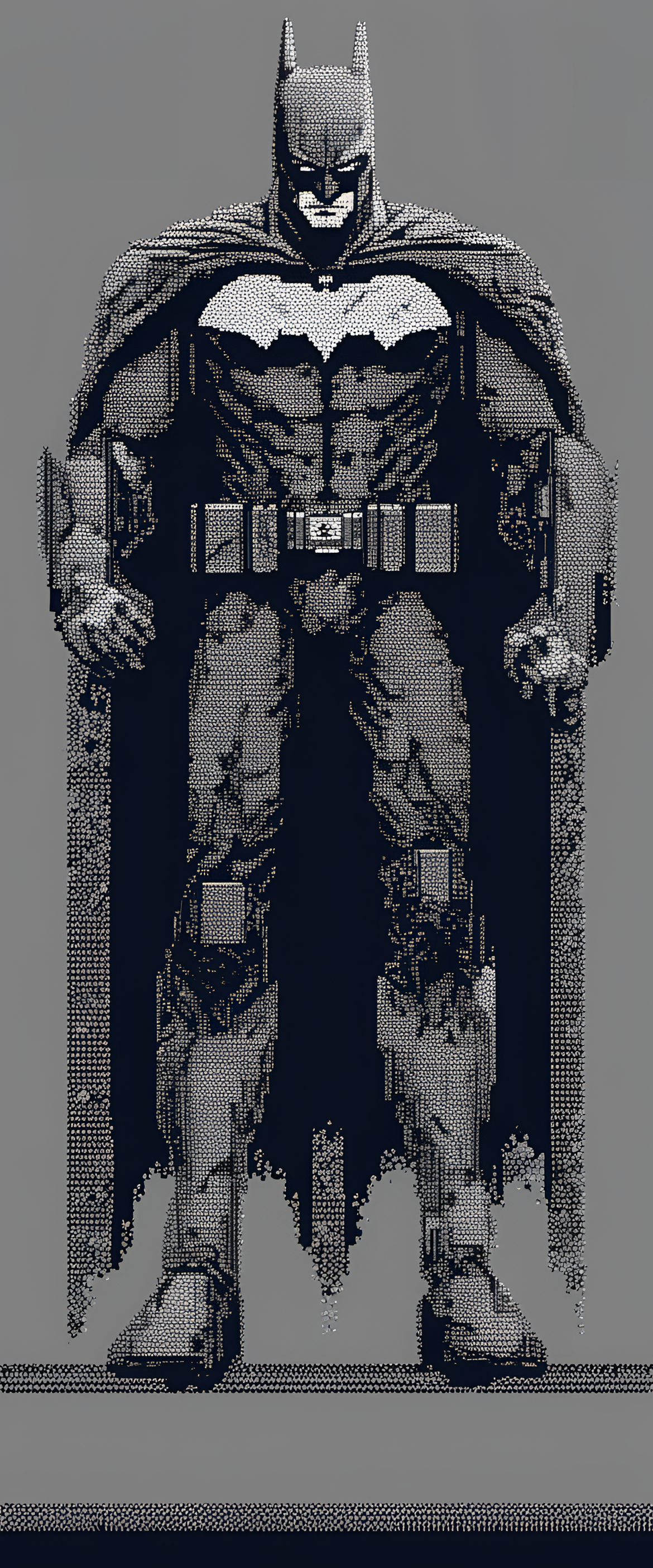 Batman in ASCII art with striking details and shadows.