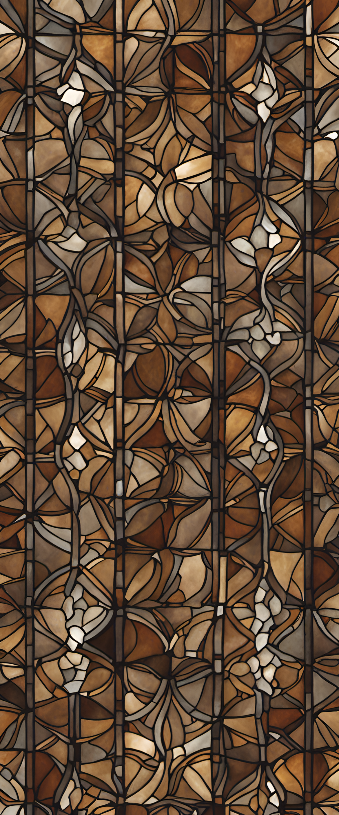 Colorful, intricate stained glass pattern in shades of brown.