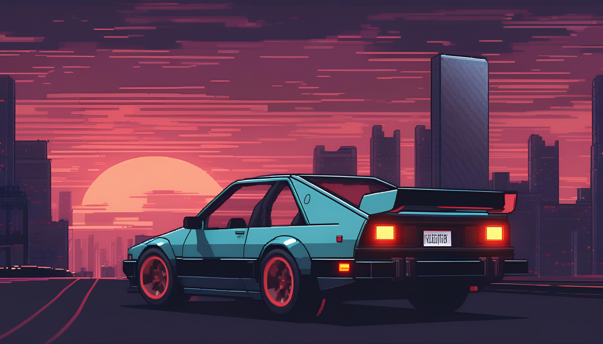 Vibrant 8-bit car with cinematic lighting.