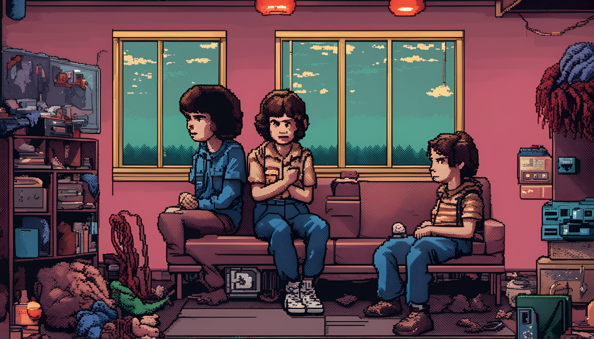 Pixel art portrait of the Stranger Things logo surrounded by vibrant colors.