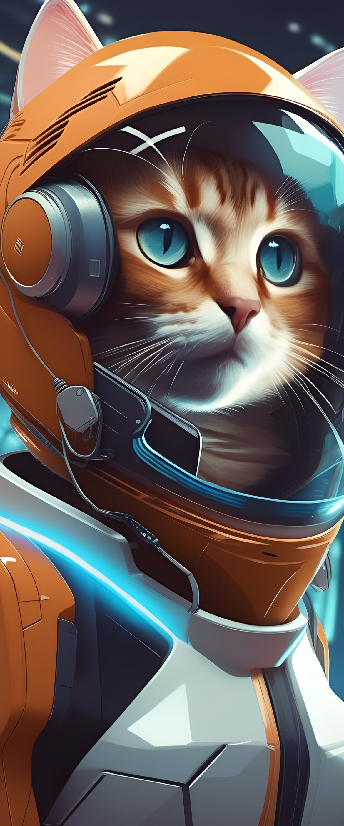 Futuristic cute cat sitting and looking ahead.