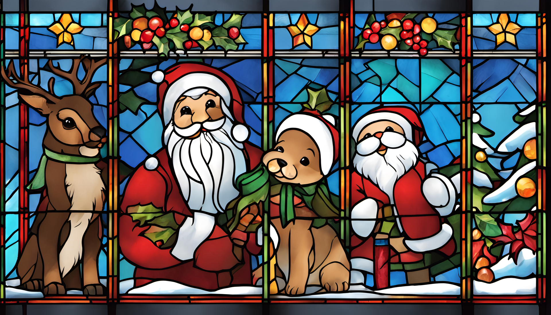 Colorful stained glass Christmas scene with cute holiday characters.