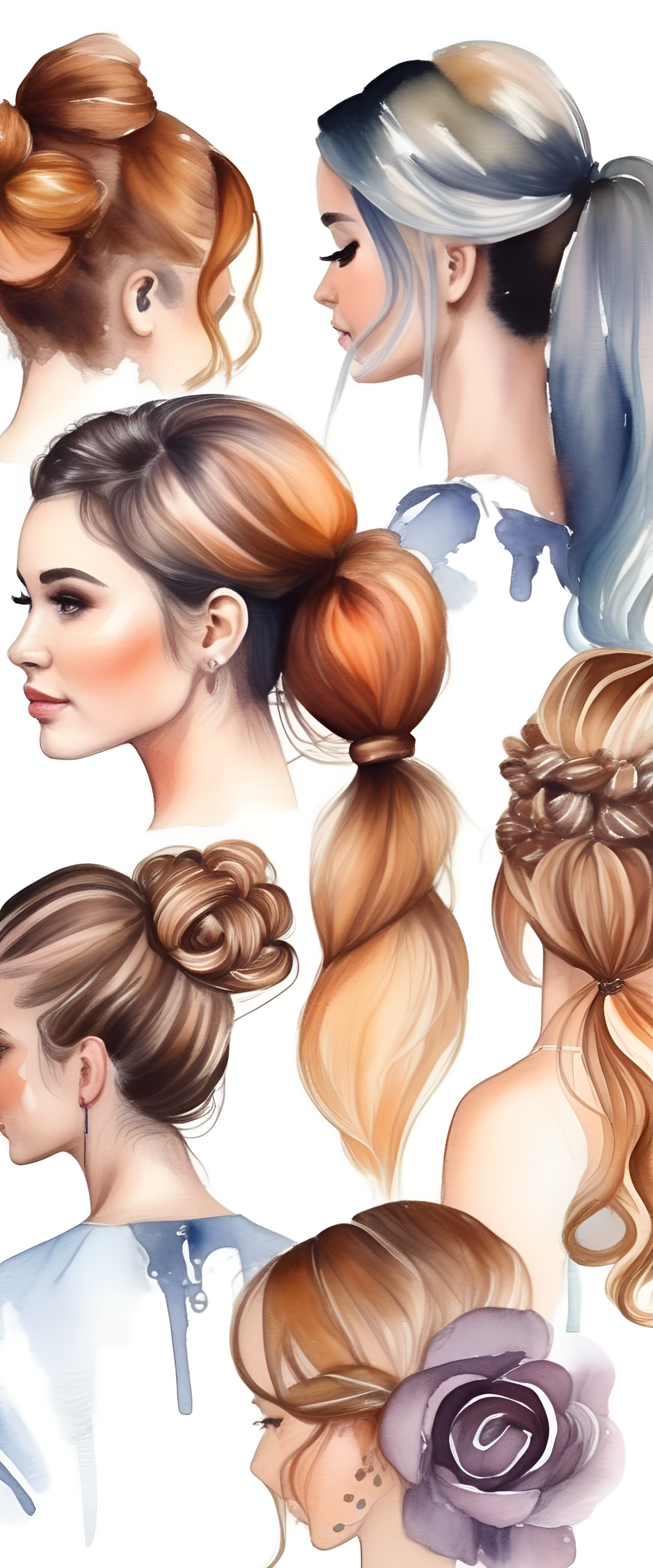 Watercolor cute hairstyles for phone wallpaper.