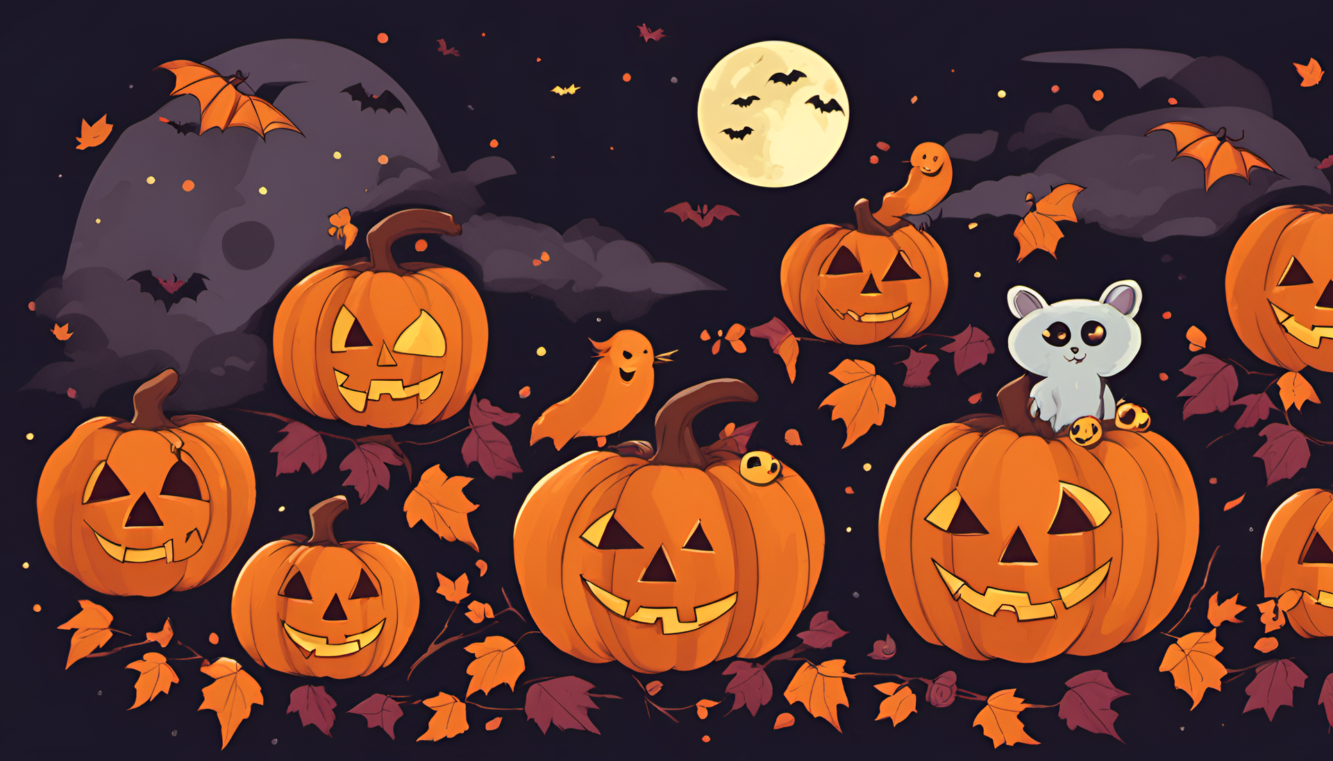 Cute Halloween-themed wallpaper featuring adorable characters and spooky elements.