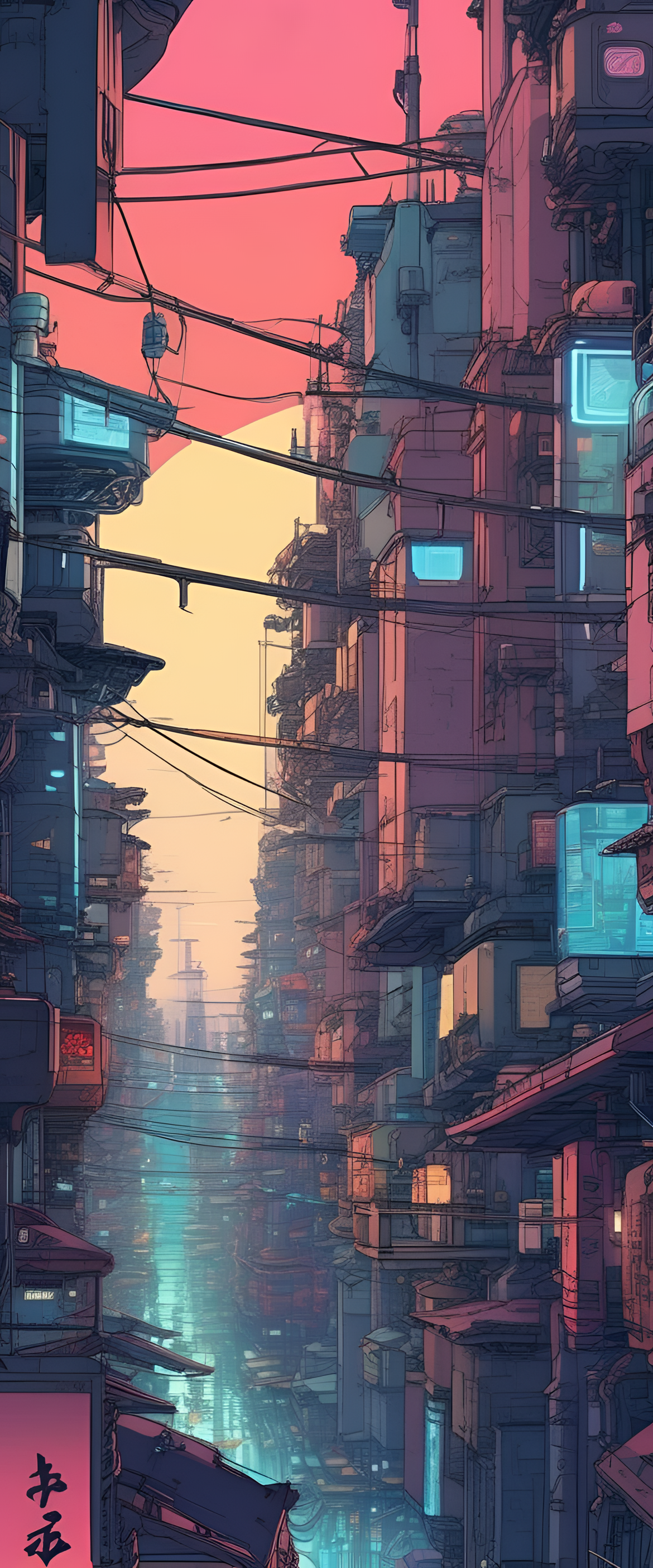 Cyberpunk cityscape with vibrant colors and futuristic buildings.