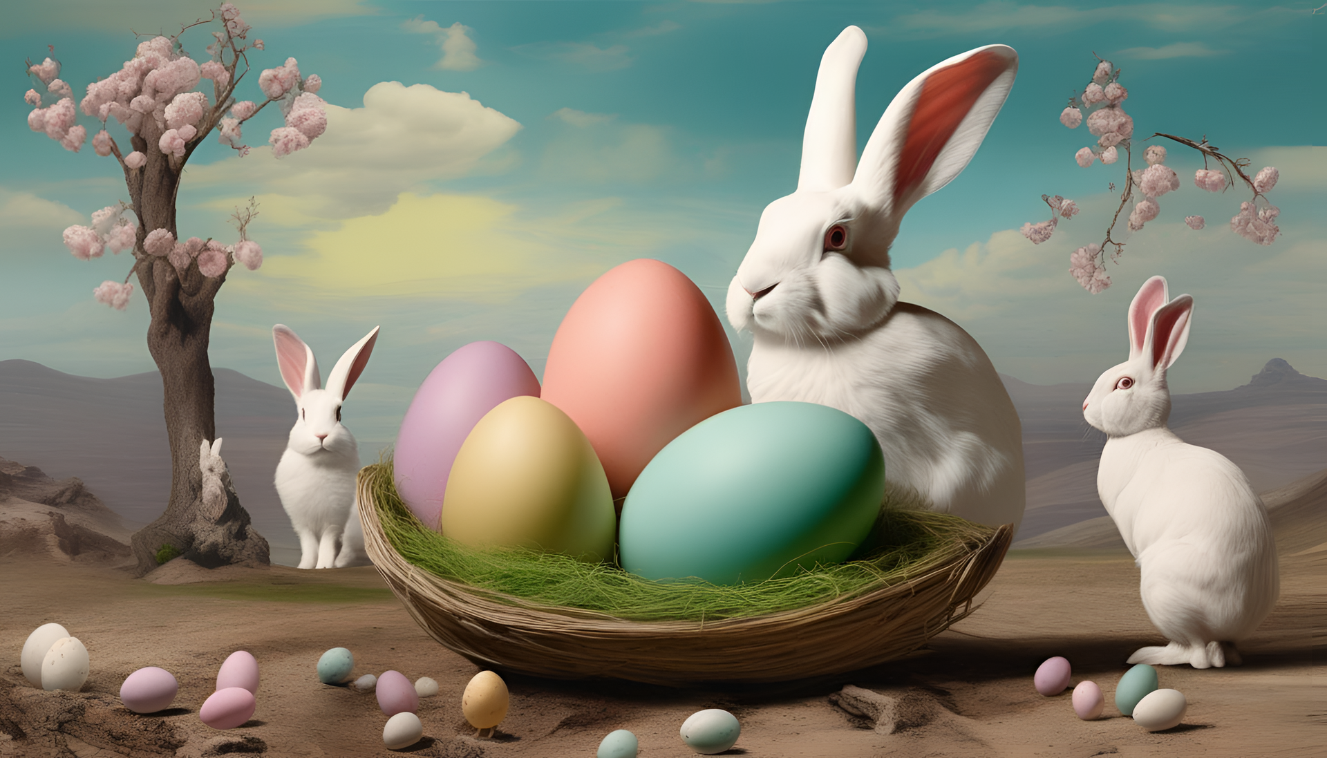 Surreal Easter scene with vibrant colors and imaginative elements.