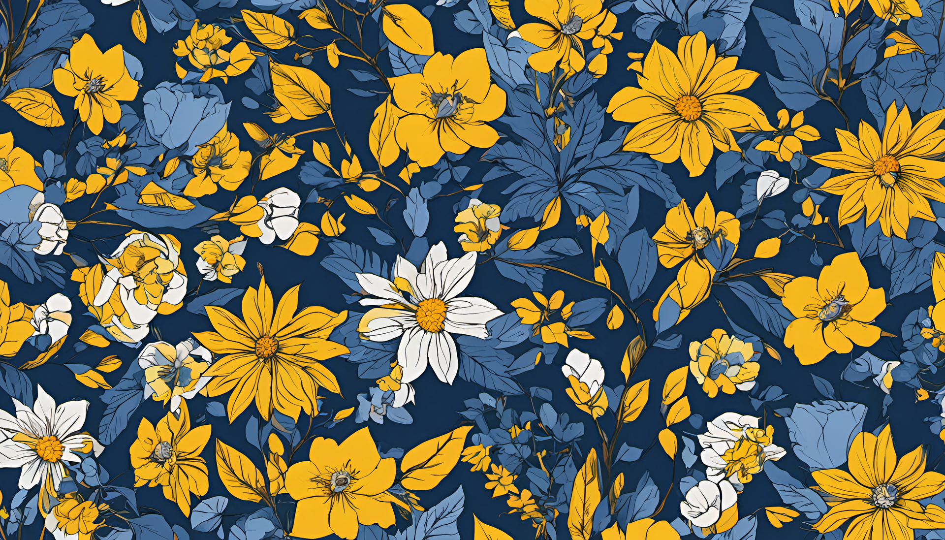 Blue and yellow flowers on a desktop wallpaper.