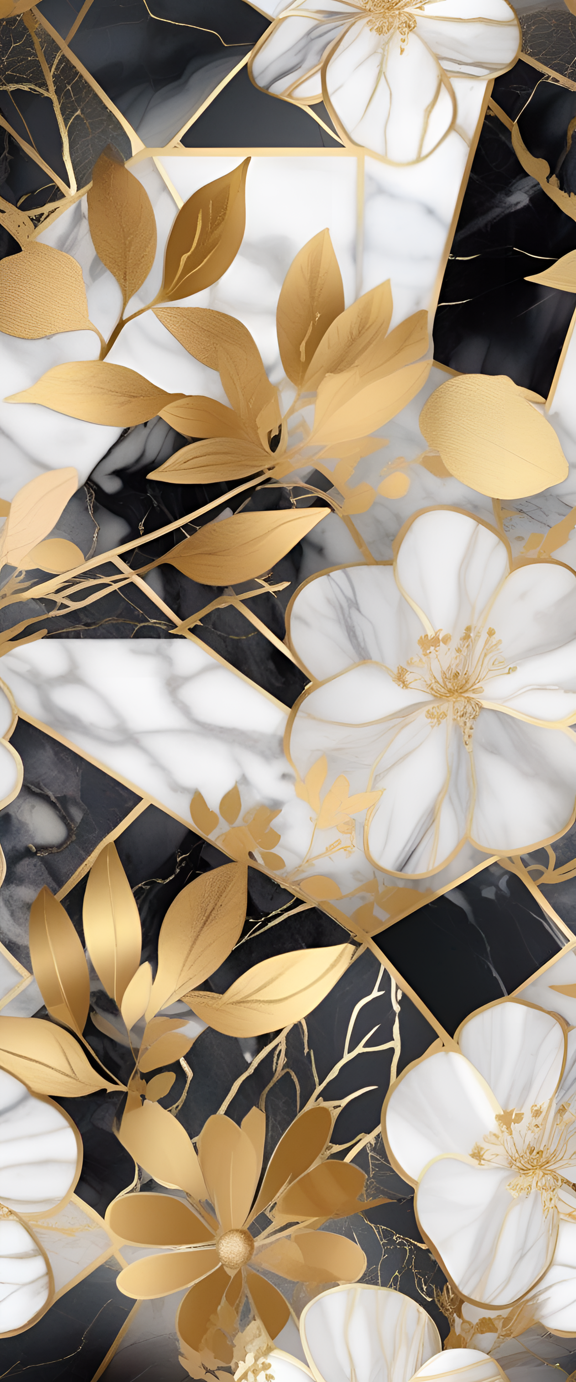 Marble-textured phone wallpaper featuring a vibrant golden flower.