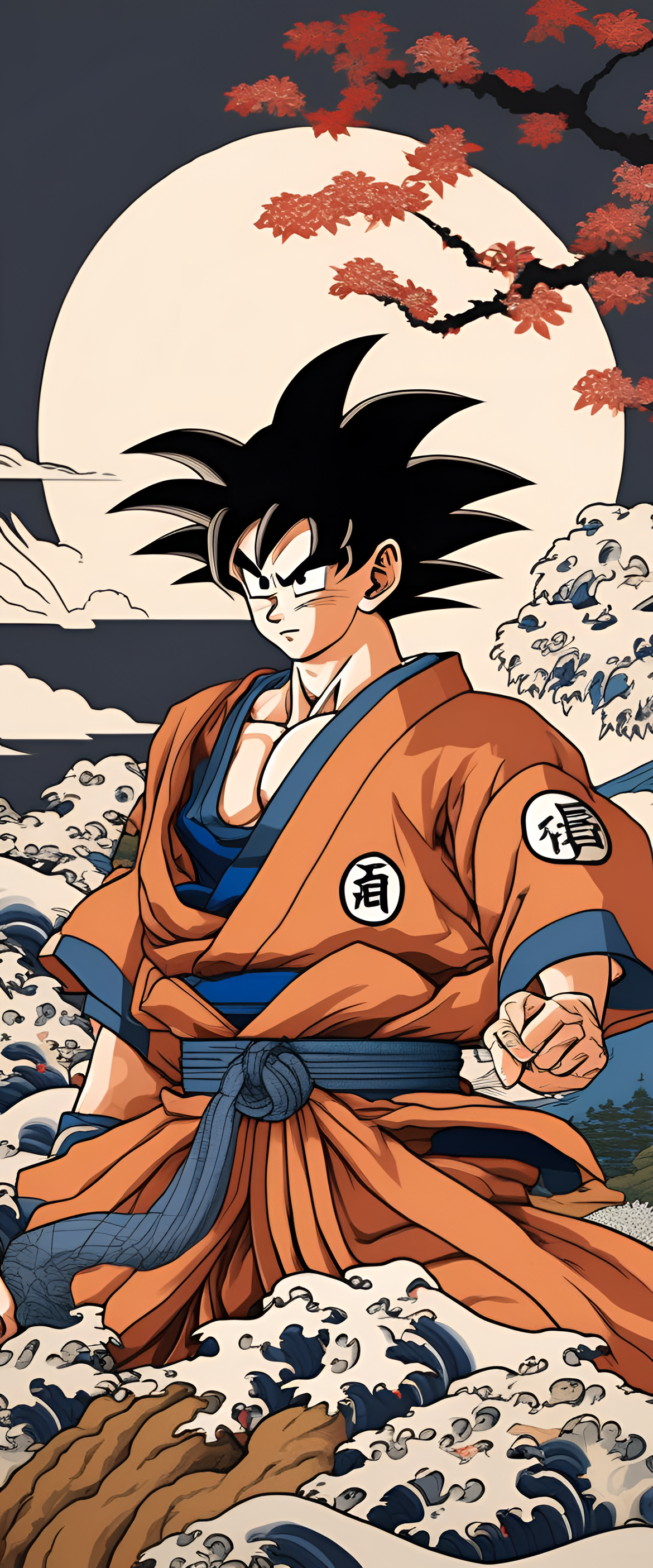 Ukiyo-e style illustration of Goku in action.