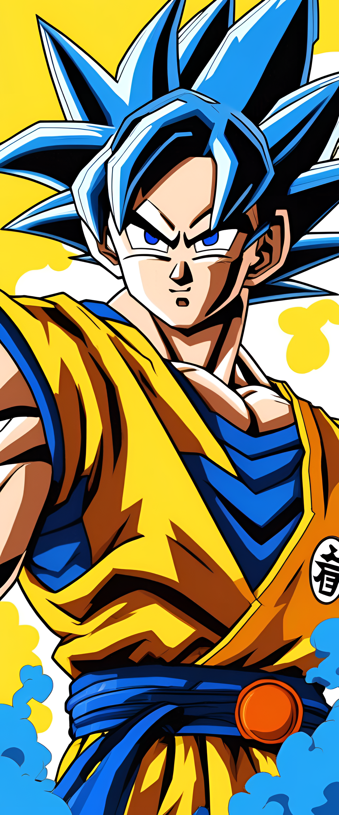 Dynamic Goku in blue and yellow aura.