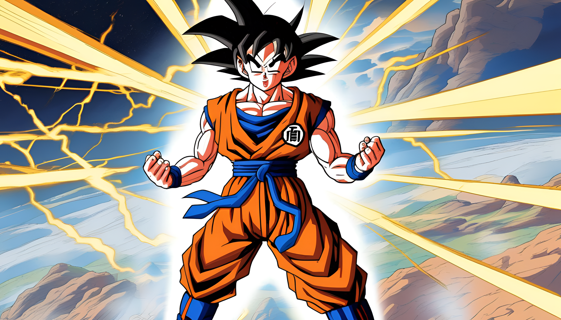 Powerful character Goku in a dynamic pose, radiating energy and determination.