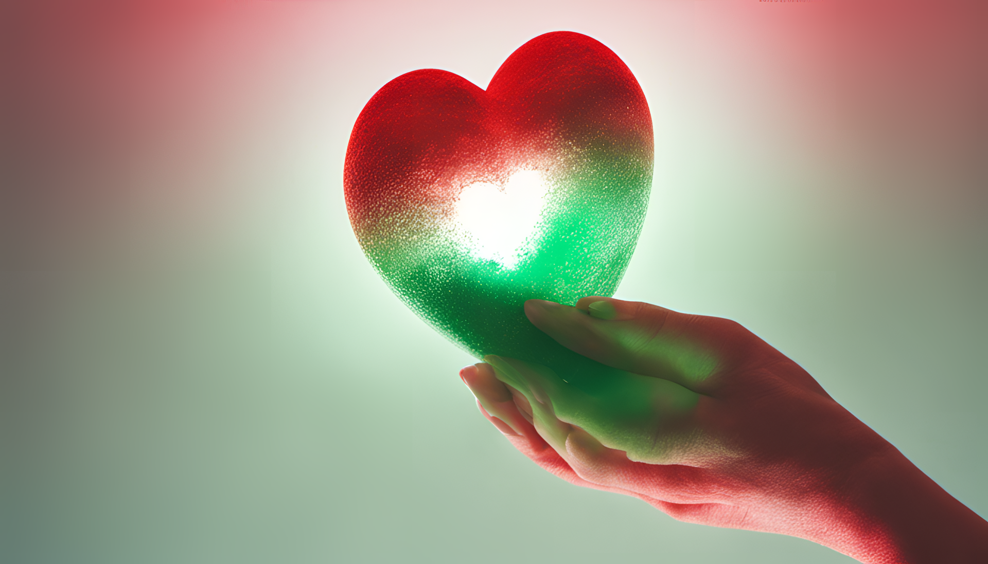 Glowing heart with red and green colors on a cinematic background.