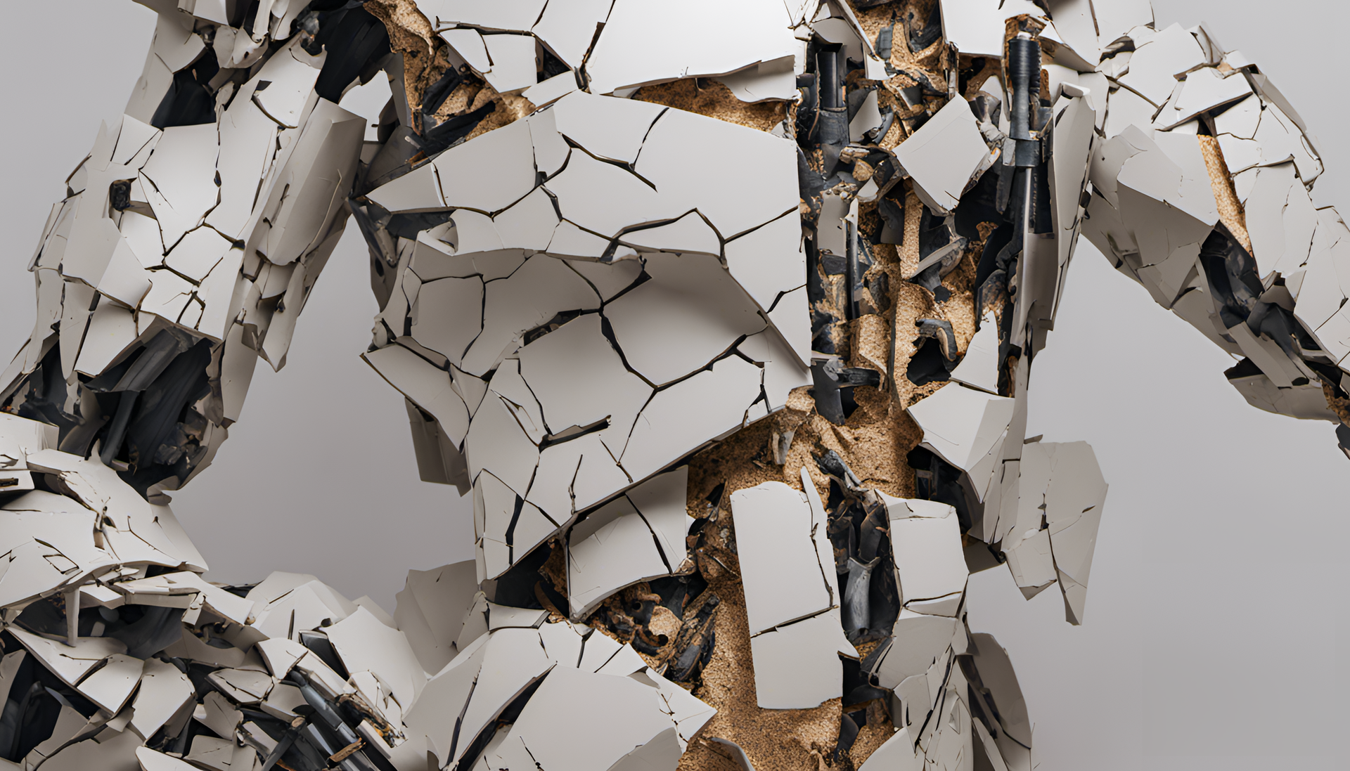 Ja Morant robotic sculpture, deconstructive, cracked wallpaper.