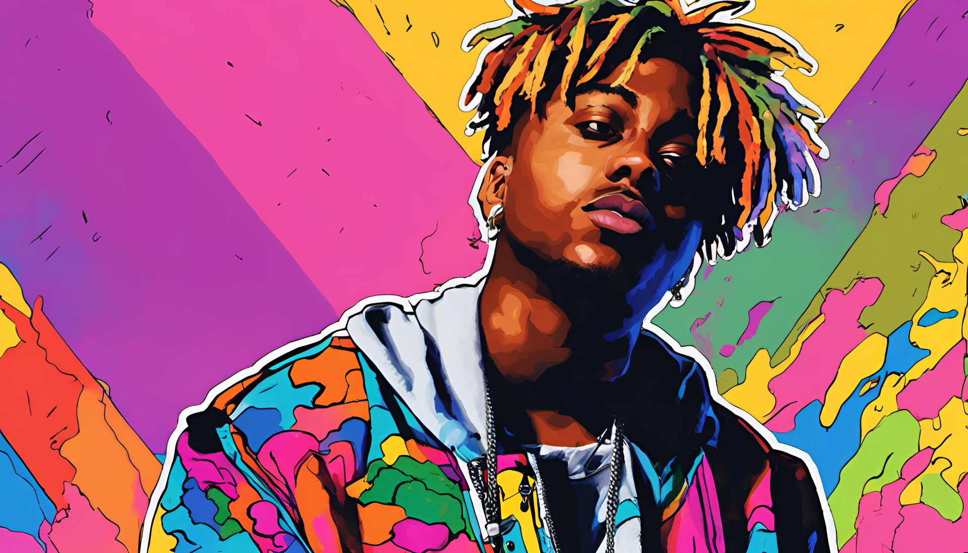 Juice Wrld with vibrant background.