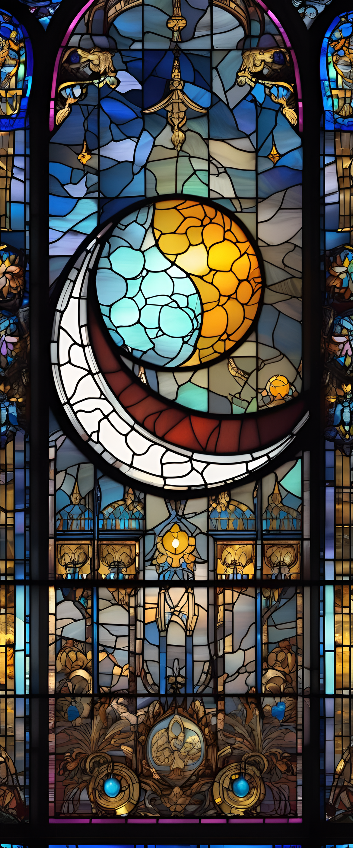 Stained glass moon in vibrant colors.