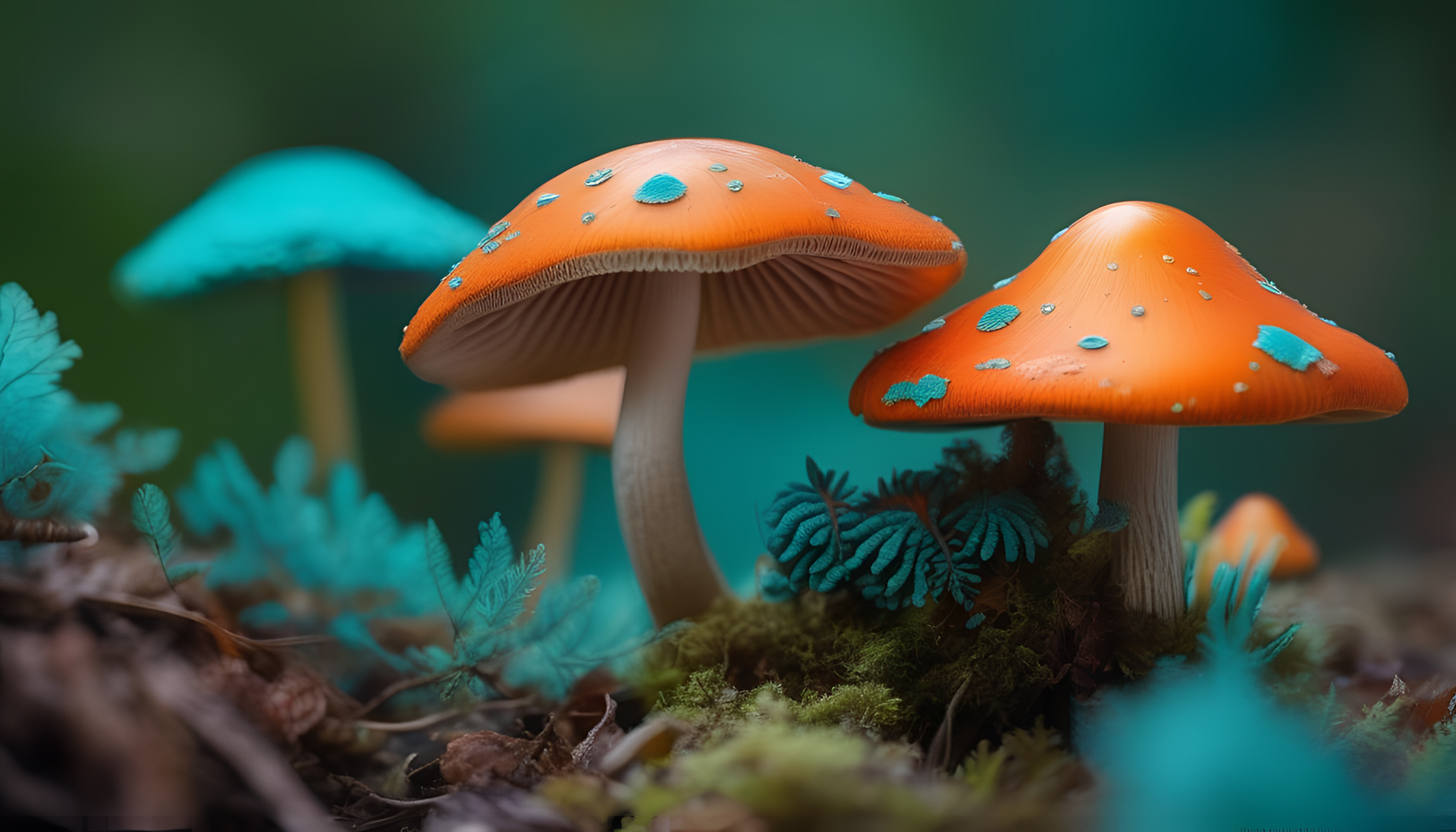 Colorful mushroom surrounded by vibrant turquoise and orange hues.