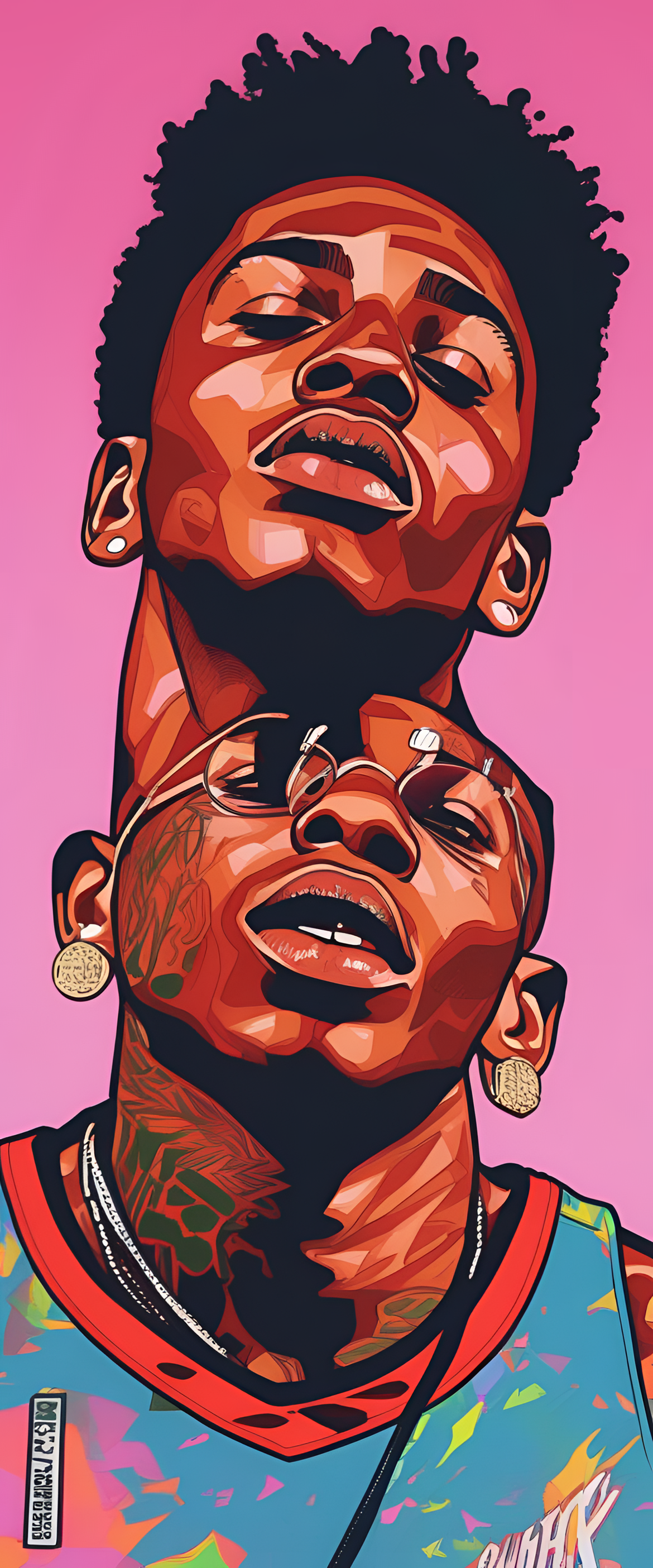 Abstract portrait of NBA YoungBoy in vibrant colors and bold linework.