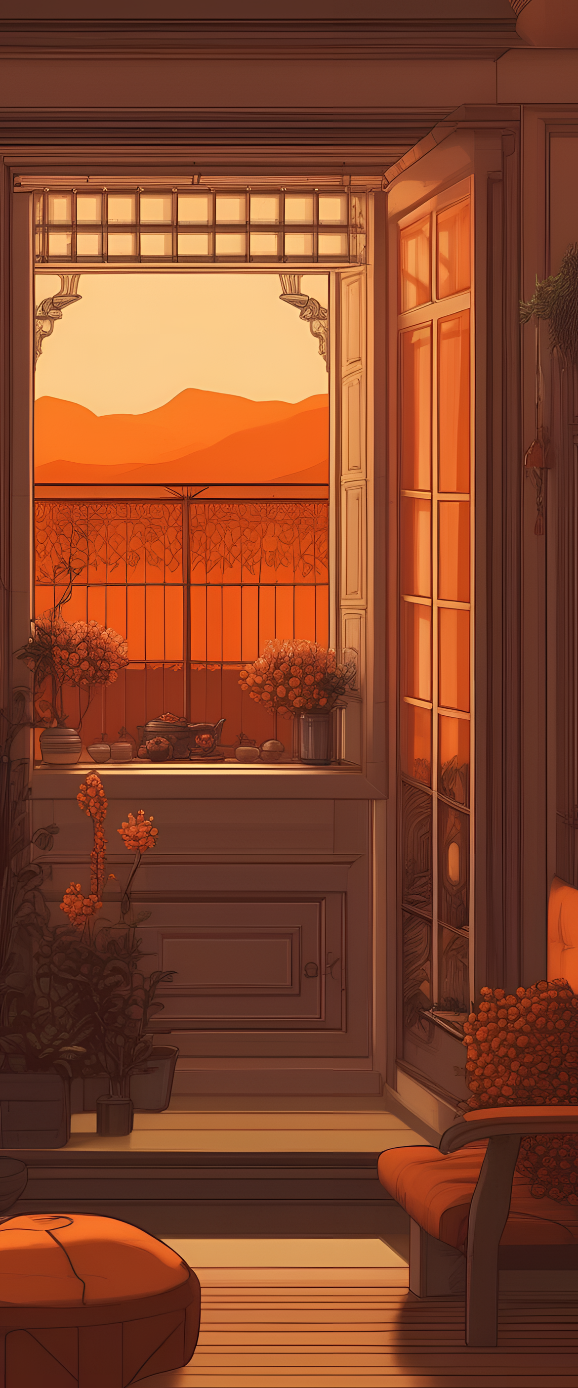 Vibrant orange wallpaper with intricate patterns and a cozy evening atmosphere.