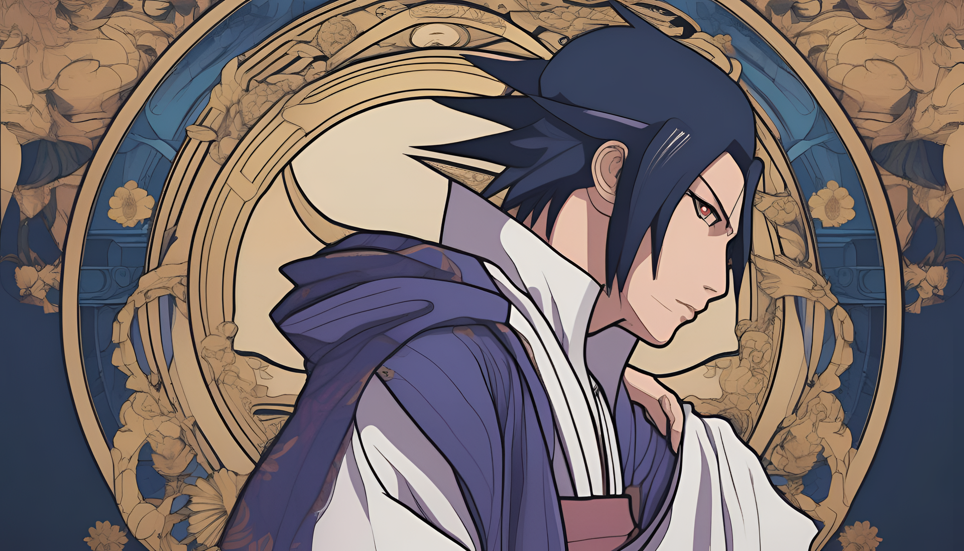 Gothic-inspired art of Sasuke standing in a dramatic pose surrounded by swirling, intricate patterns.