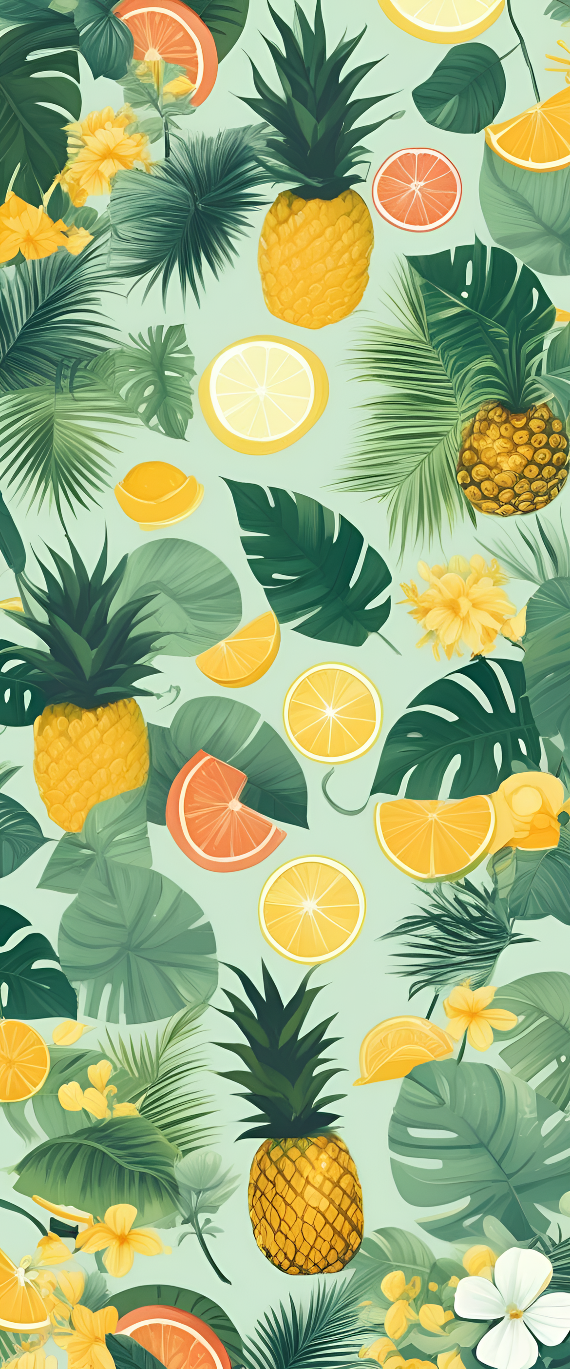 Vibrant tropical leaves and colorful flowers create a summery phone wallpaper.