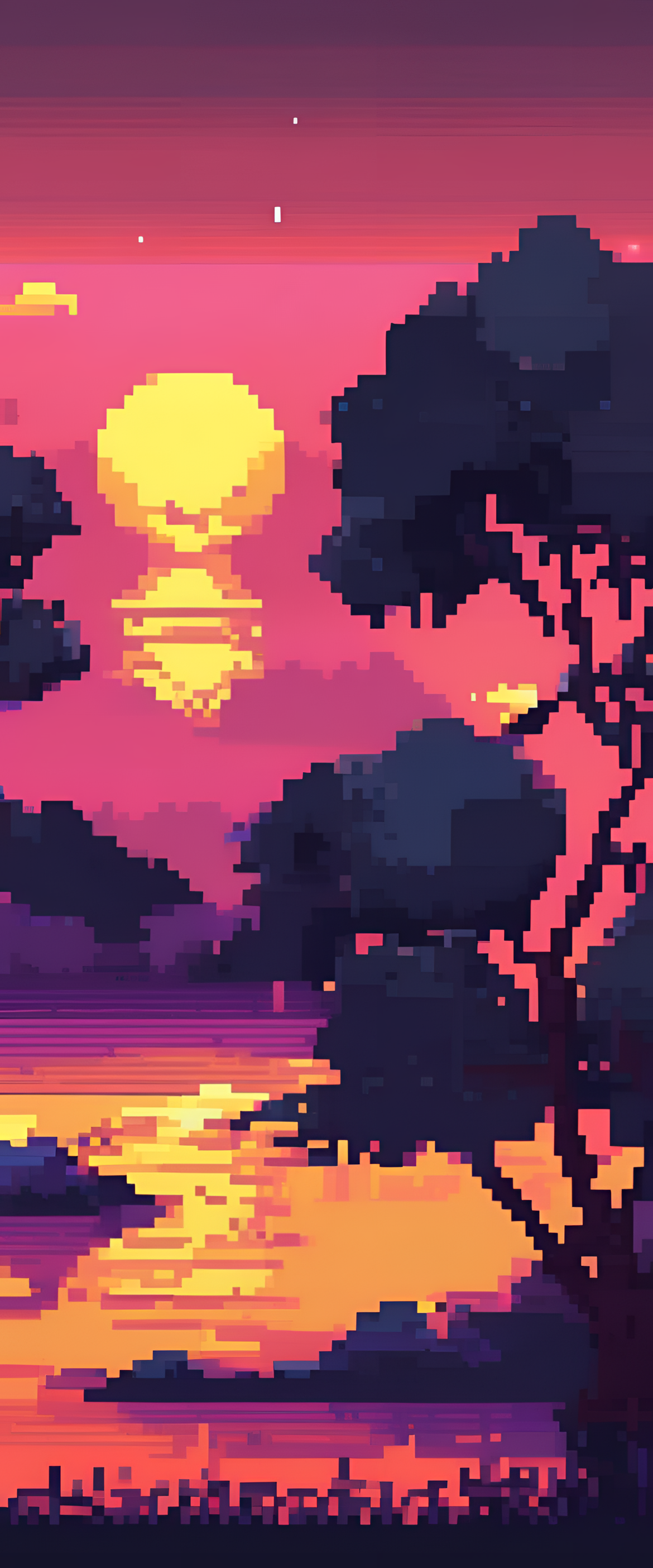 Vibrant pixel art sunset over calm ocean waves.