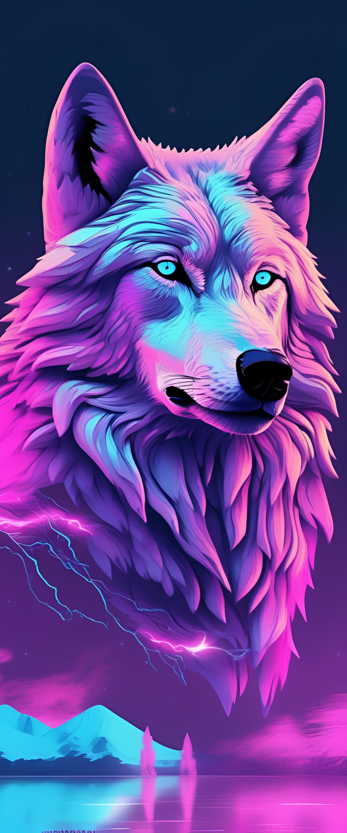 Vibrant vaporwave-inspired artwork featuring a majestic wolf in a colorful and surreal setting.