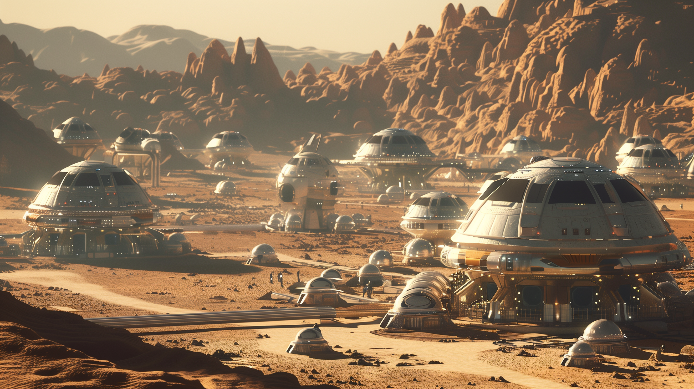 Sci-fi HD desktop wallpaper showcasing a Mars colony with futuristic dome structures set against a rugged Martian landscape.