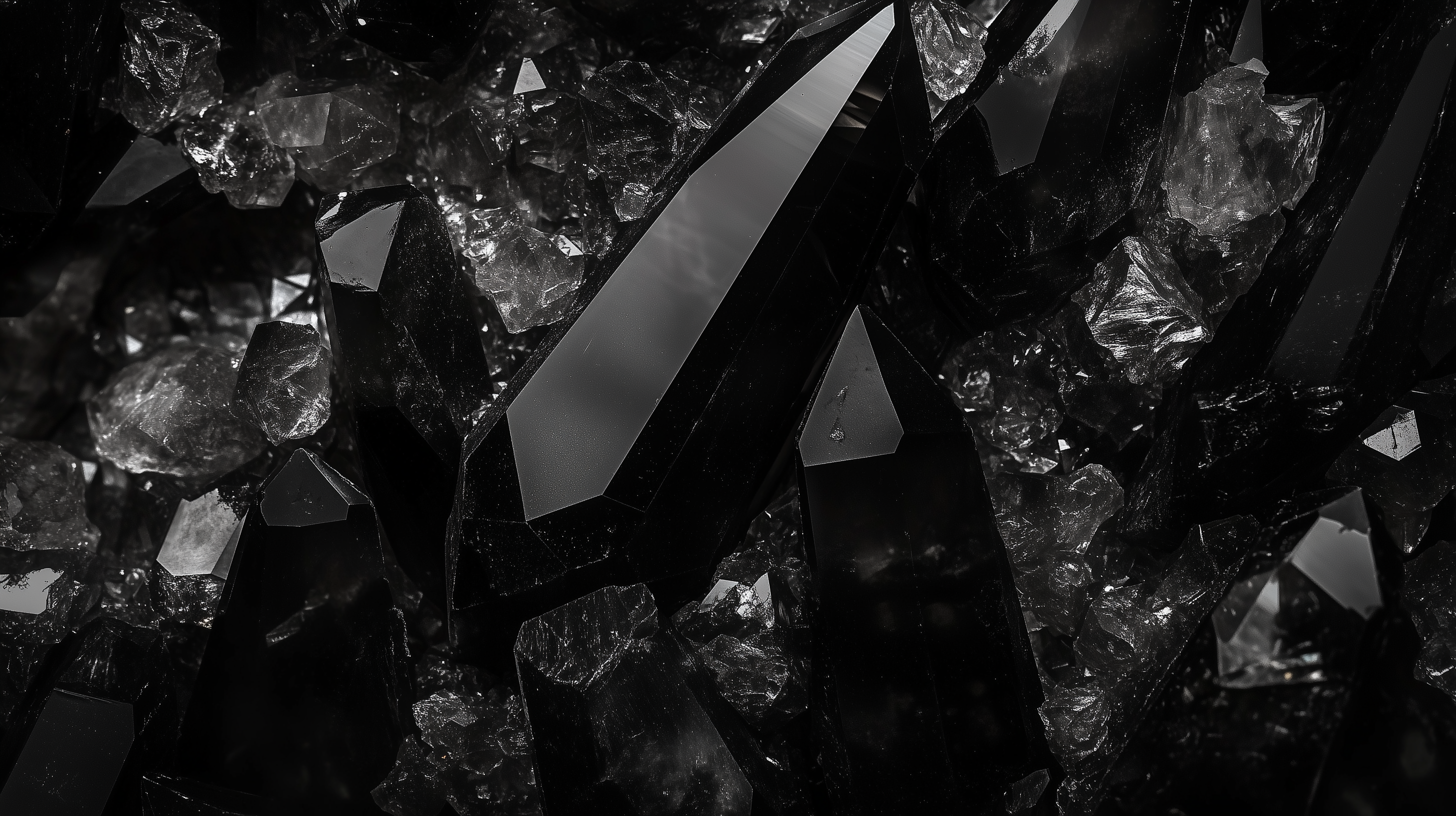 A close-up view of shiny black crystals set against a textured background of smaller crystal fragments, creating a striking and cohesive dark aesthetic.