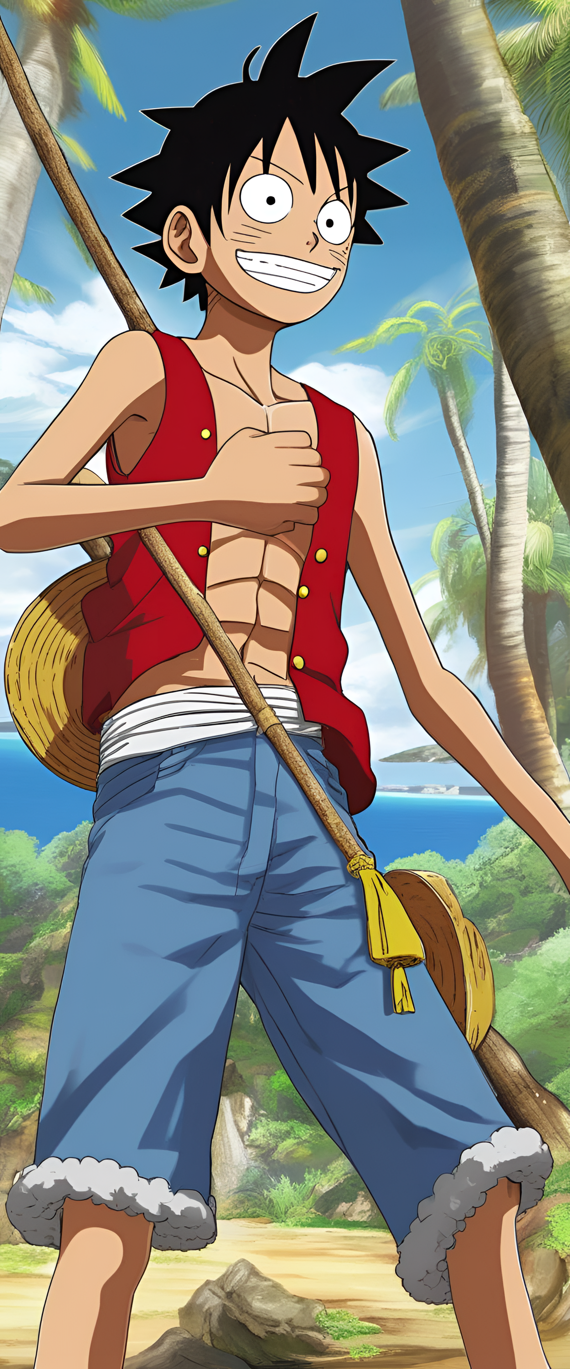 Smiling Luffy in vibrant phone wallpaper.