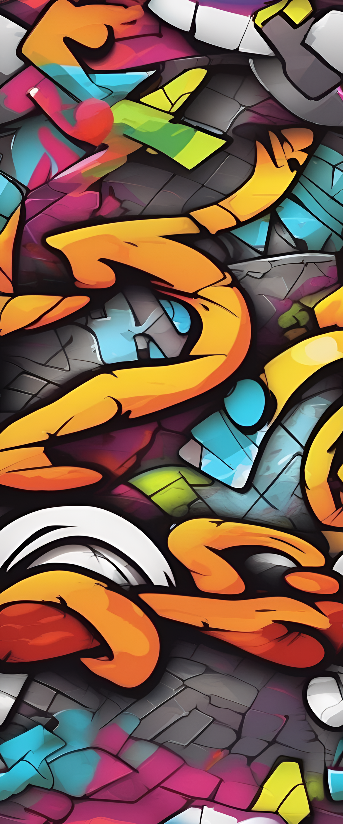 Colorful graffiti design with textured patterns on a phone wallpaper.