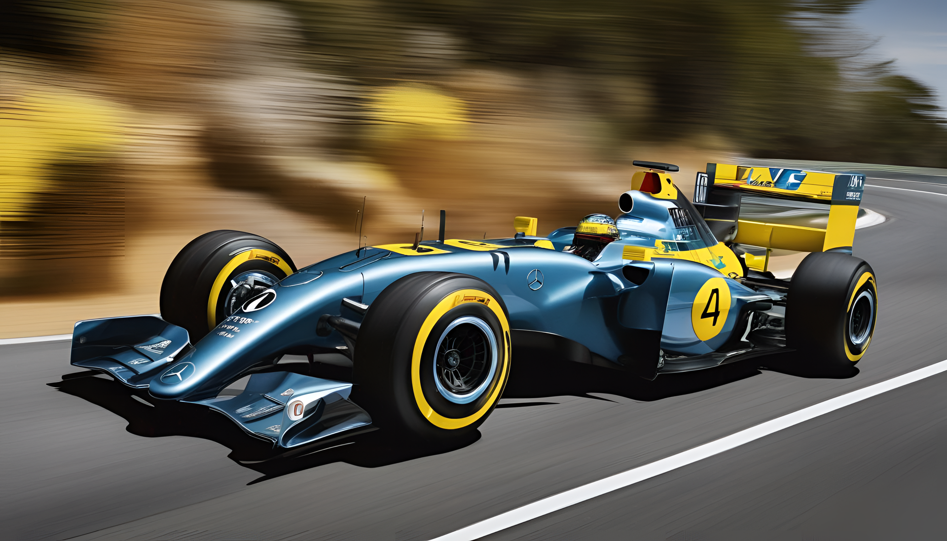 Mercedes W14 with blue and yellow colors.