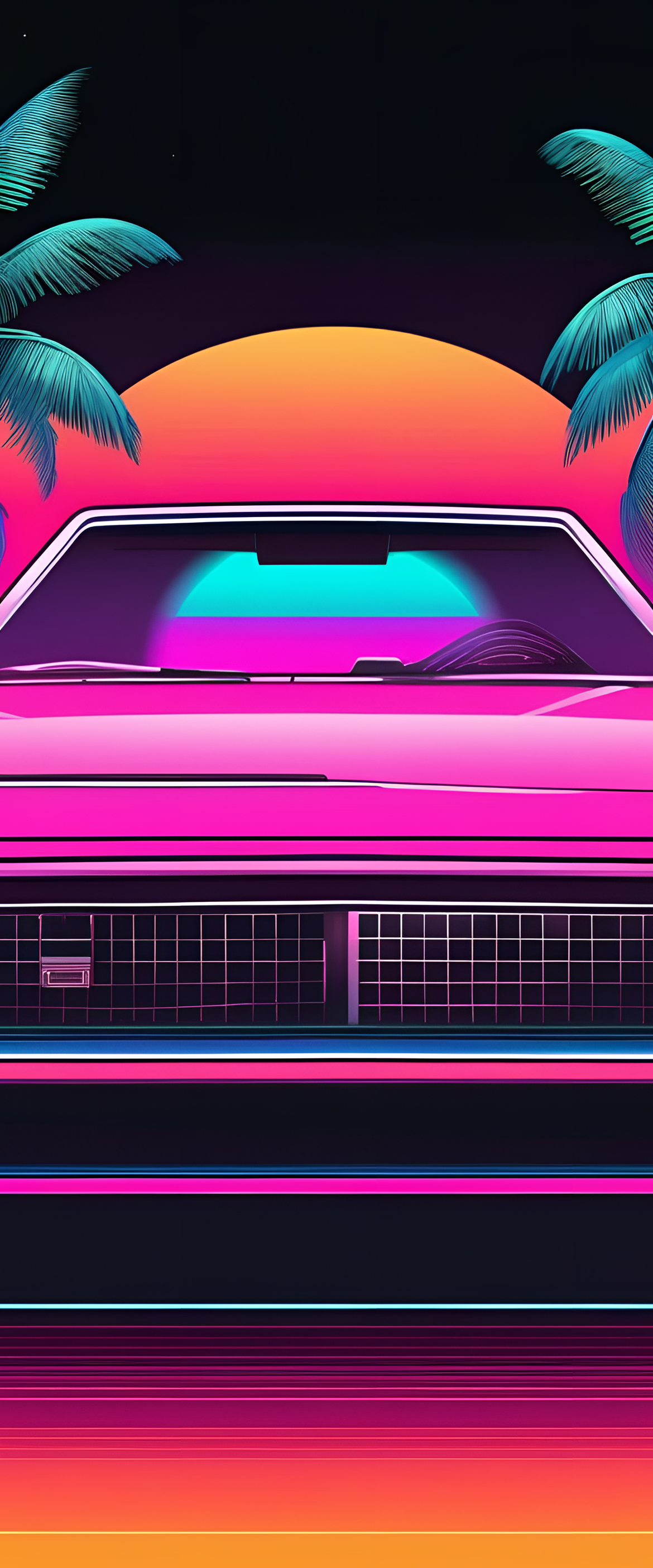 Synthwave-style artwork featuring a cute black figure against a colorful 80s-inspired background.