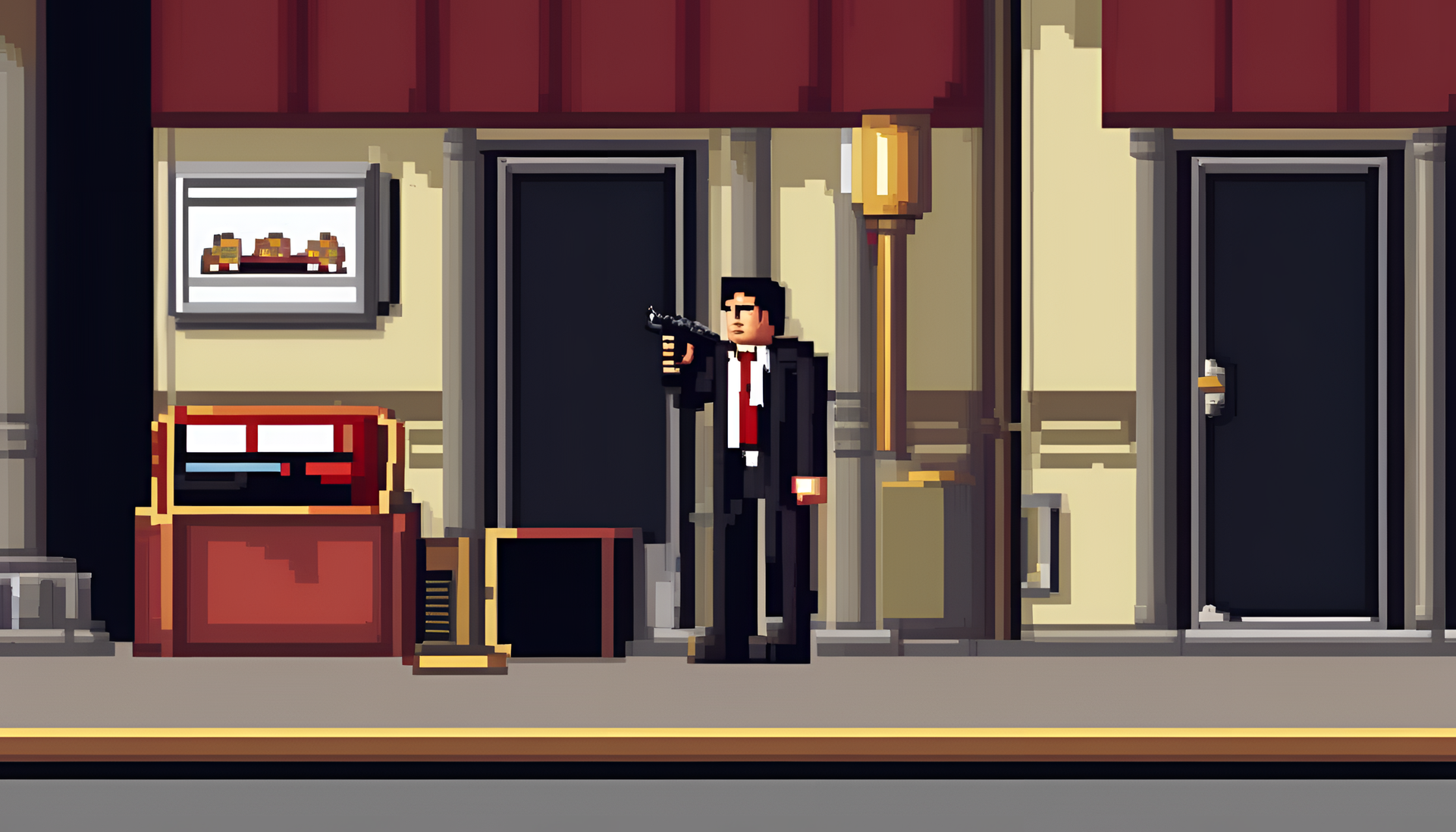 Tony Montana holding a machine gun in a pixelated scene.