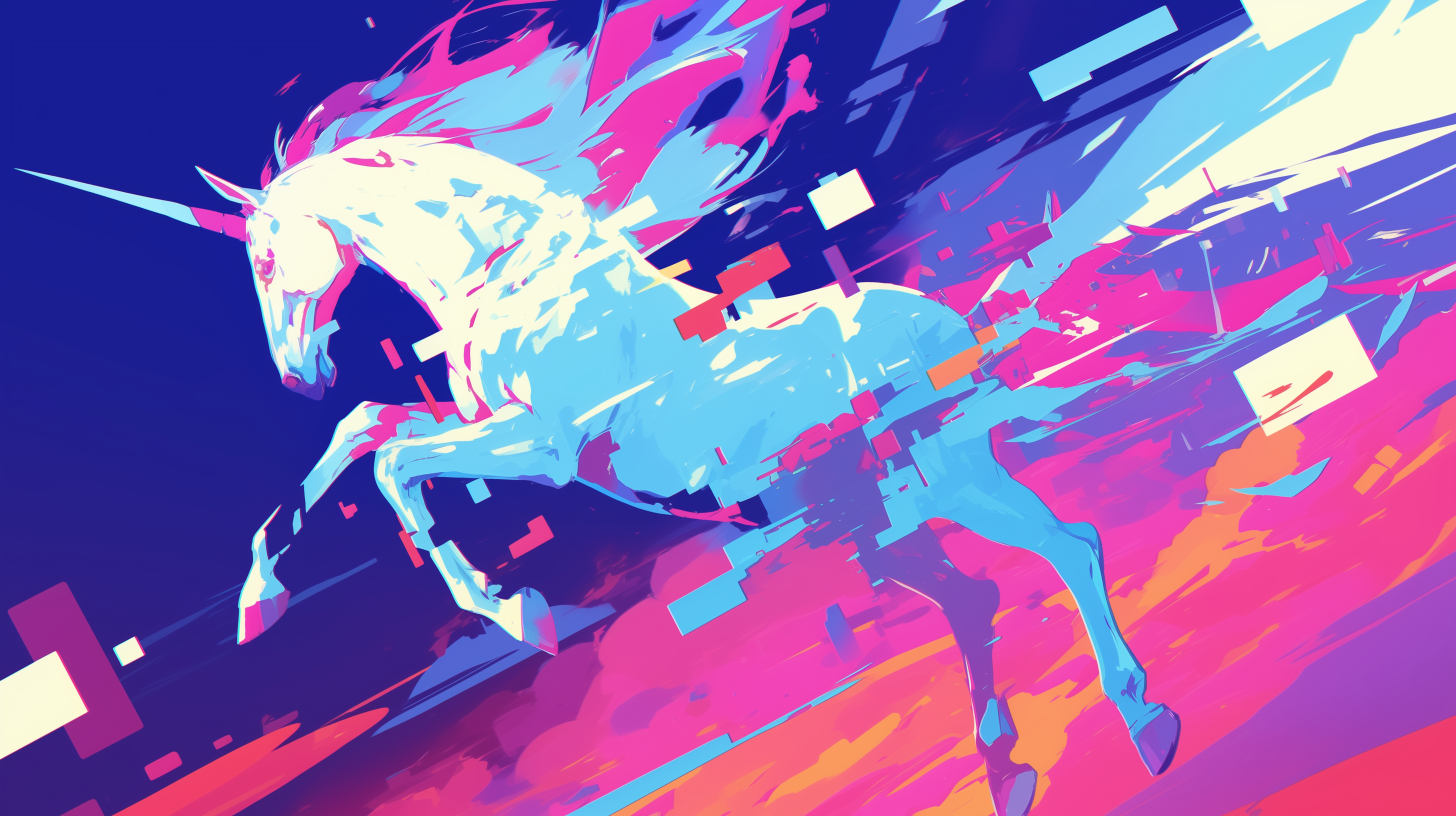 A vibrant HD desktop wallpaper featuring a glitch-inspired unicorn with dynamic, colorful digital distortion effects.