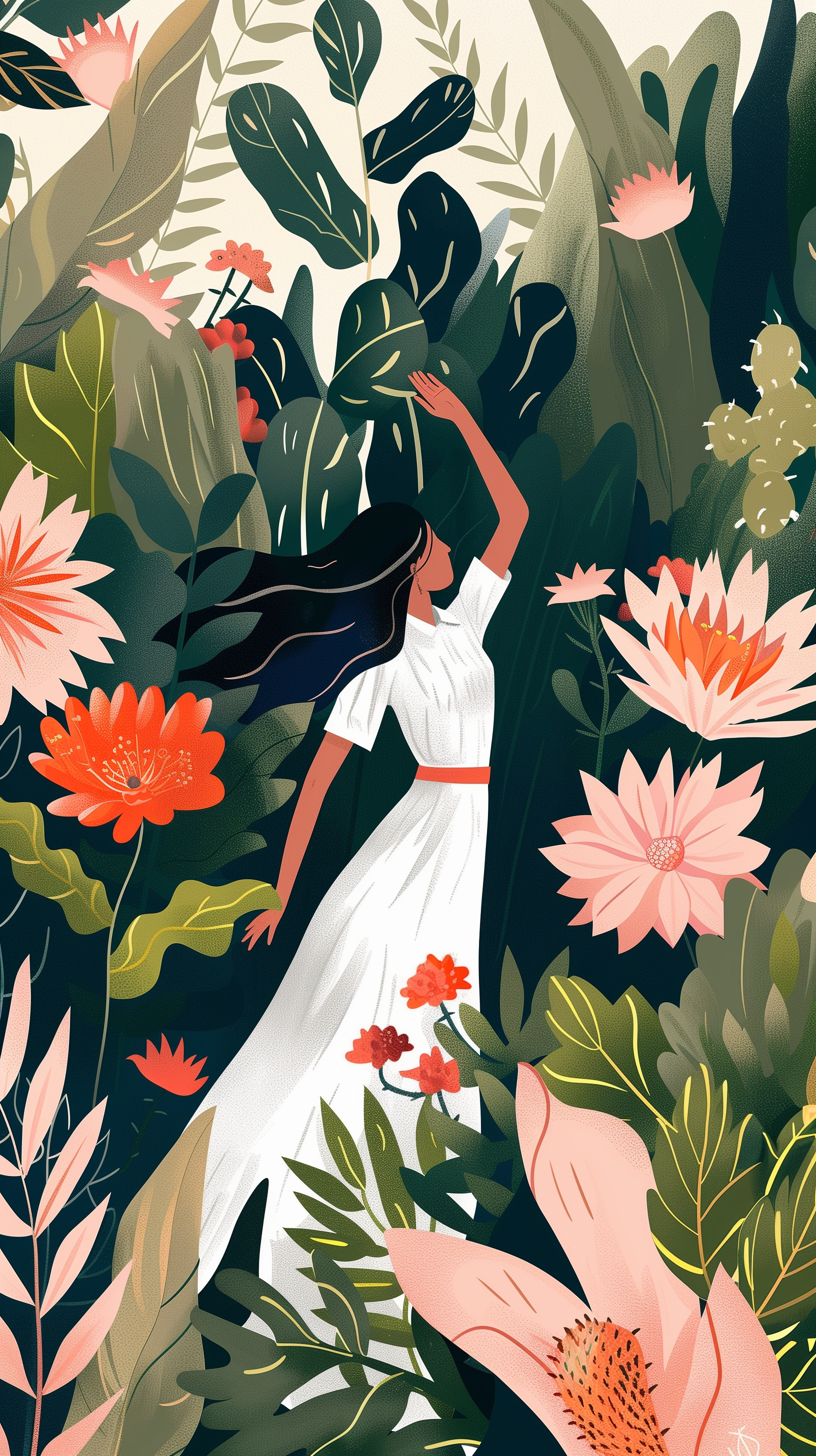 An artistic HD phone wallpaper showcasing a woman in a white dress surrounded by vibrant flowers and lush greenery, evoking a sense of harmony with nature.